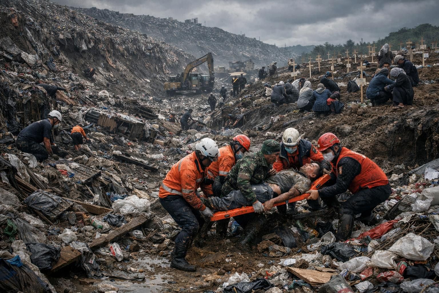 laporan sindonews daerah tentang longsor di tpst bantargebang yang mengakibatkan 4 orang meninggal dunia dan 2 orang berhasil diselamatkan.