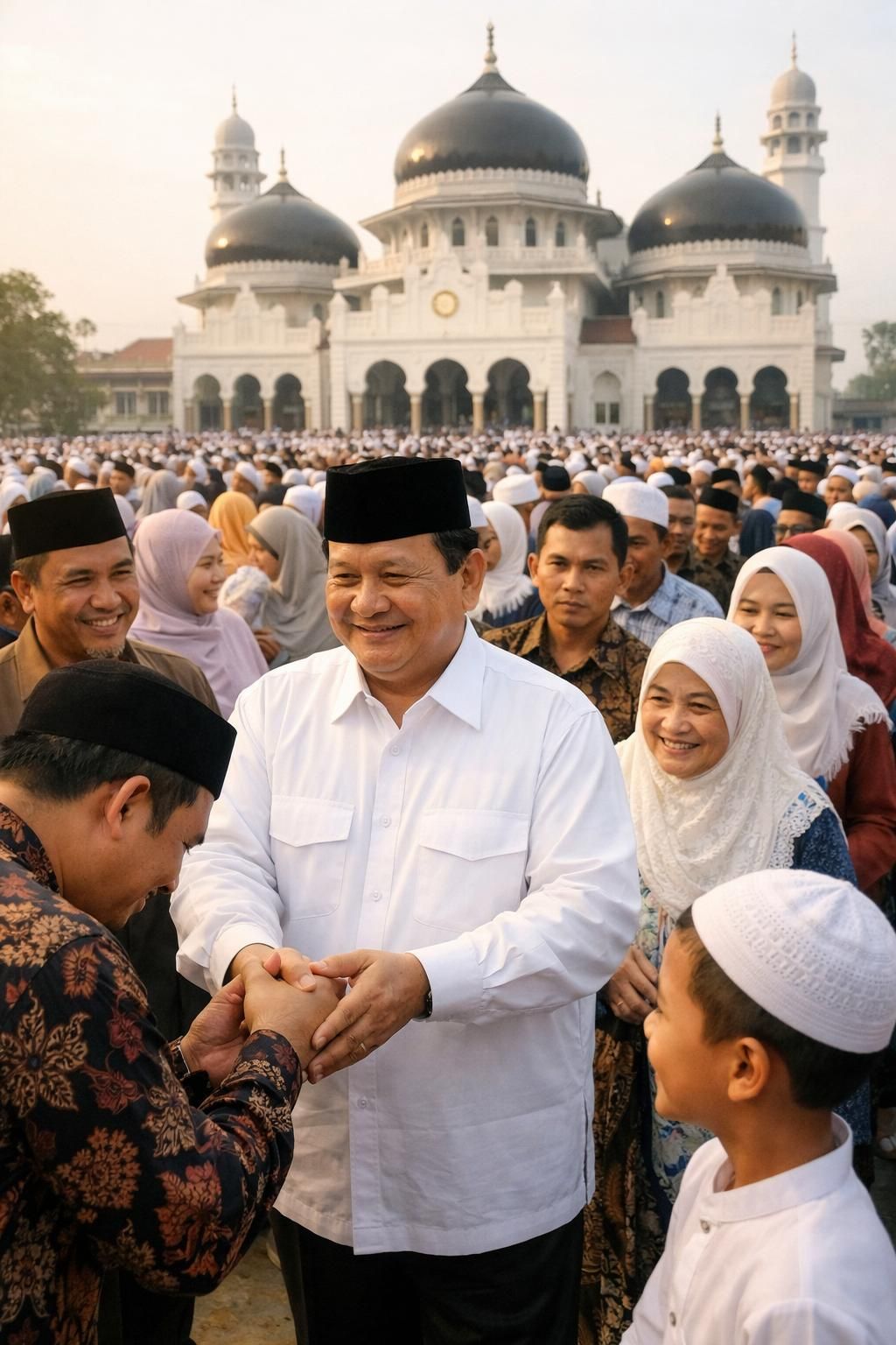 setelah shalat id, prabowo bersama jemaah masjid darussalam menyapa warga yang antusias berebut salam tangan, menunjukkan momen kebersamaan dan semangat komunitas yang hangat.
