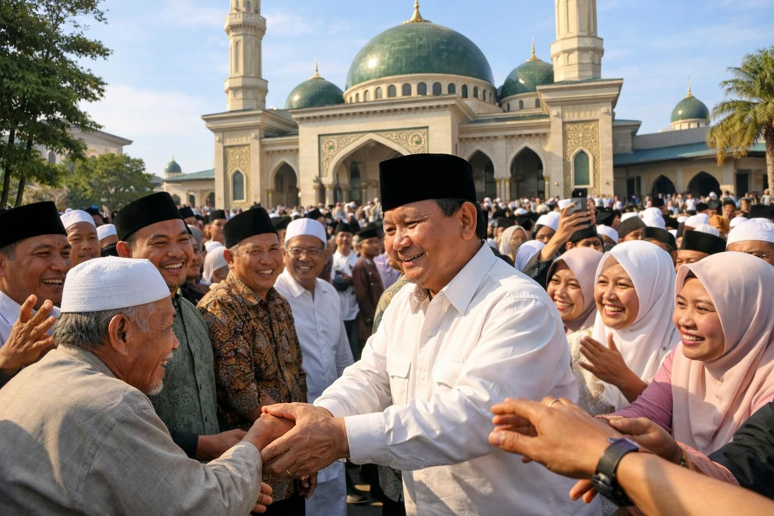 setelah shalat id, prabowo bersama jemaah masjid darussalam, warga dengan antusias berebut salam tangan, menunjukkan semangat kebersamaan dan dukungan yang hangat.
