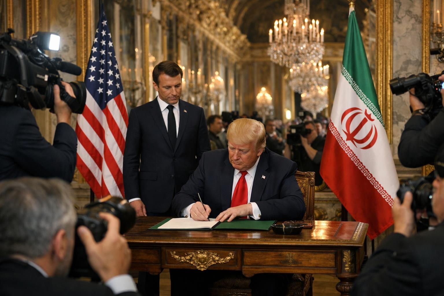 momen bersejarah ketika trump menandatangani mou perdamaian dengan iran, disaksikan langsung oleh macron di istana versailles, menandai era baru diplomasi internasional.
