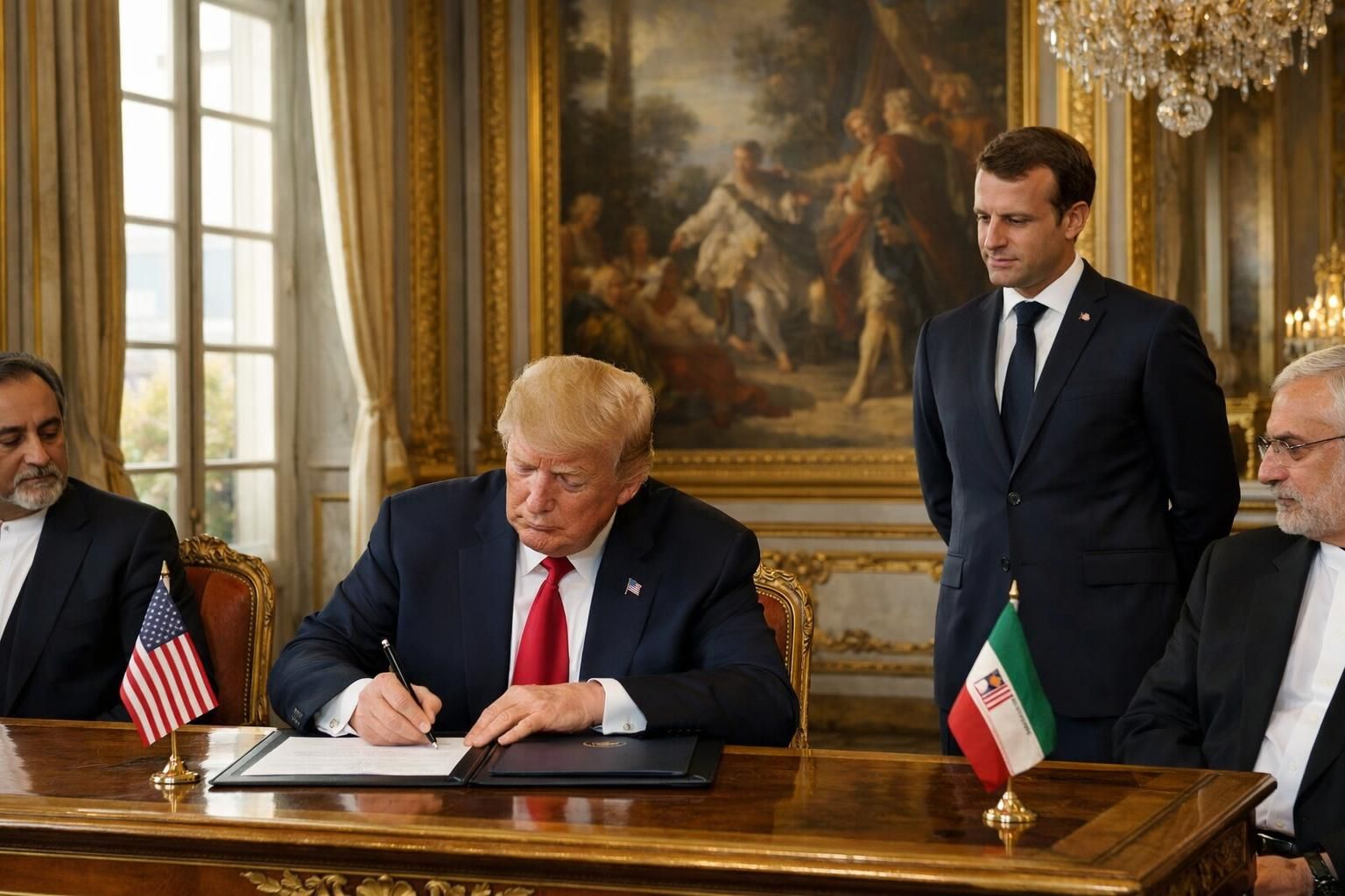 momen bersejarah saat trump menandatangani mou perdamaian dengan iran, disaksikan langsung oleh macron di istana versailles, menandai langkah penting dalam hubungan internasional.