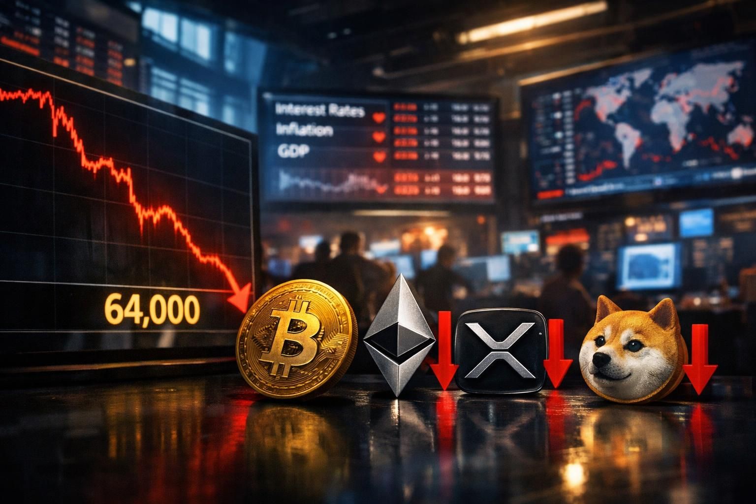 bitcoin turun ke $64.000 sementara eth, xrp, dan doge mengalami penurunan dalam penjualan besar-besaran yang dipicu oleh kondisi makroekonomi.