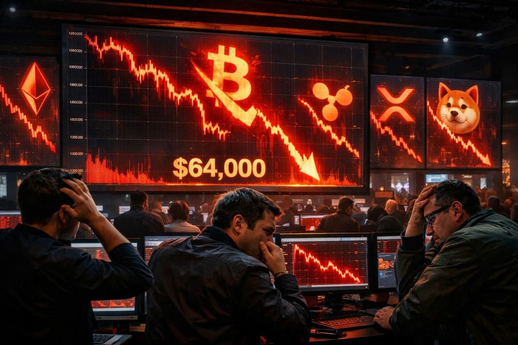 bitcoin turun ke $64.000 sementara eth, xrp, dan doge mengalami penurunan signifikan dalam penjualan besar-besaran yang dipicu oleh kondisi makroekonomi.