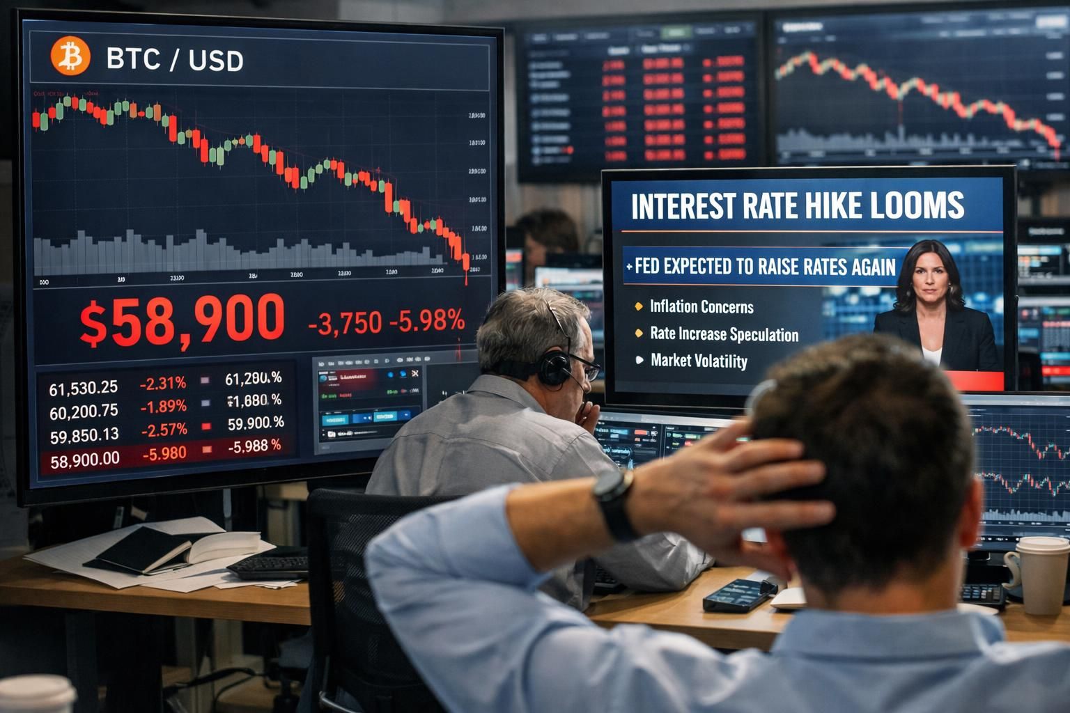 bitcoin turun ke 58,9 ribu, mendekati level terendah dalam 22 bulan setelah kerugian kuartal dalam akibat kekhawatiran suku bunga yang meningkat.