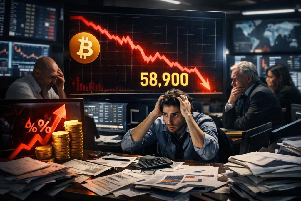 bitcoin turun ke 58,9 ribu, mendekati level terendah 22 bulan setelah menghadapi kerugian kuartal dalam akibat kekhawatiran suku bunga yang meningkat.