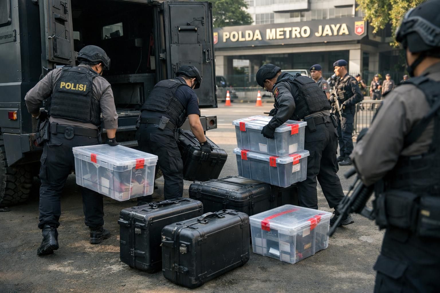 koper berisi 74 kg emas hasil penggeledahan rumah di sentul tiba di polda metro untuk proses lebih lanjut.