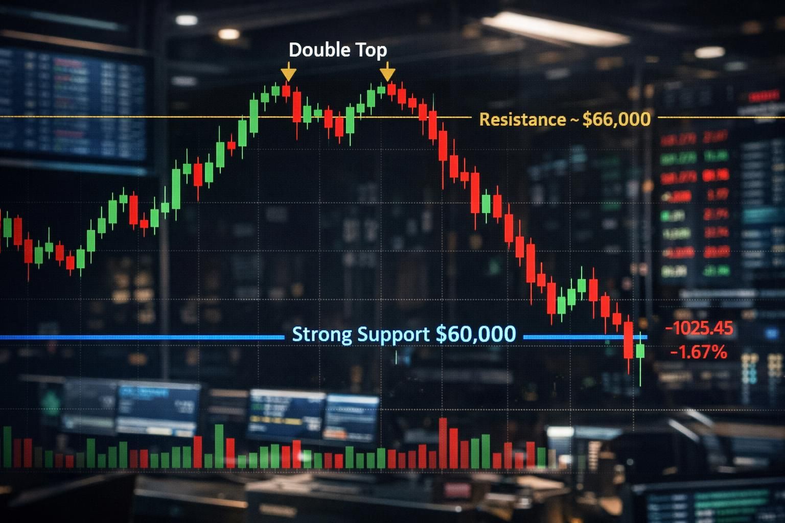 prediksi harga bitcoin menunjukkan risiko penurunan tajam di bawah $60.000 setelah terbentuk pola double top, mengindikasikan potensi koreksi pasar yang signifikan.