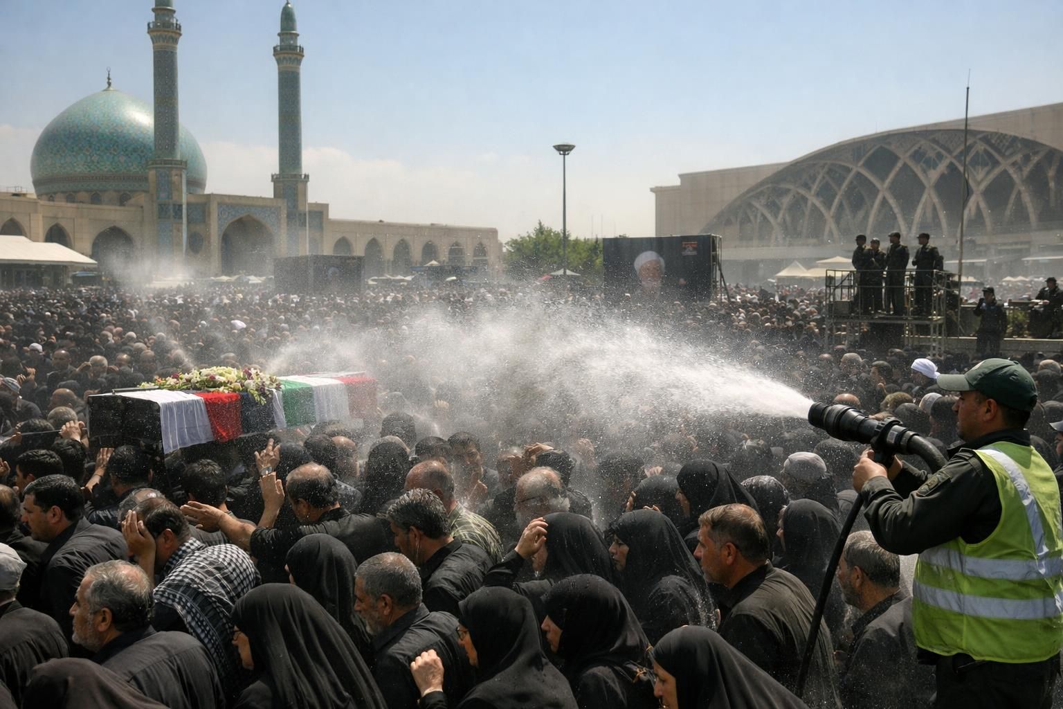 terik matahari yang menyengat saat upacara penghormatan terakhir ayatollah ali khamenei tidak mengurangi keseriusan pelayat yang disiram air untuk menjaga kesegaran dan khidmat acara.