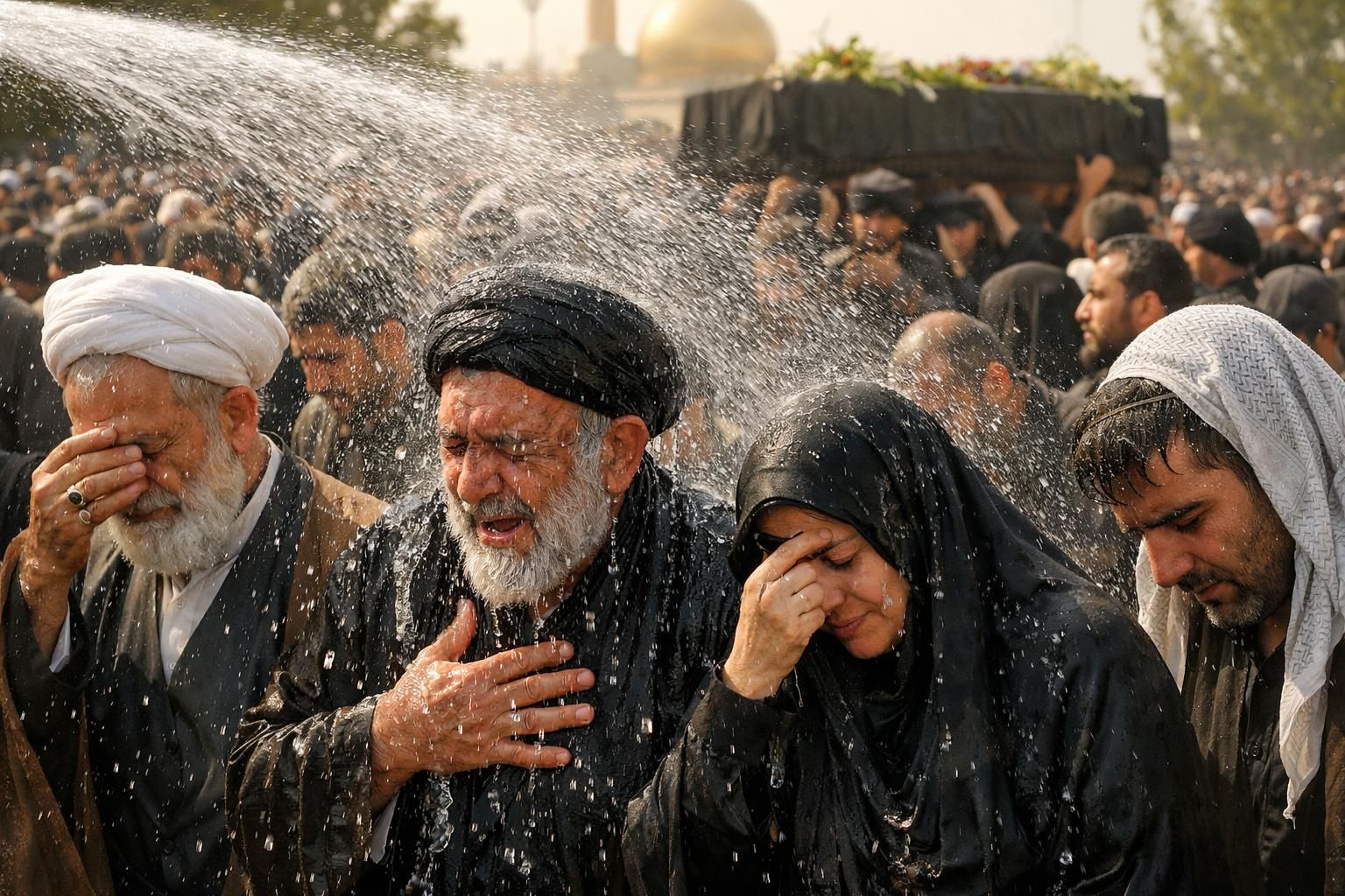 terik matahari menyengat saat upacara penghormatan terakhir ayatollah ali khamenei, di mana pelayat disiram air untuk mendinginkan suasana. berita lengkap di detiknews.