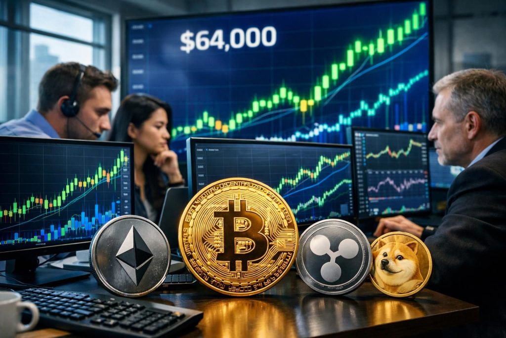 bitcoin mencapai rekor baru di $64.000, sementara ethereum, xrp, dan dogecoin menunjukkan pergerakan stabil sekitar 1 persen dalam perdagangan terbaru.