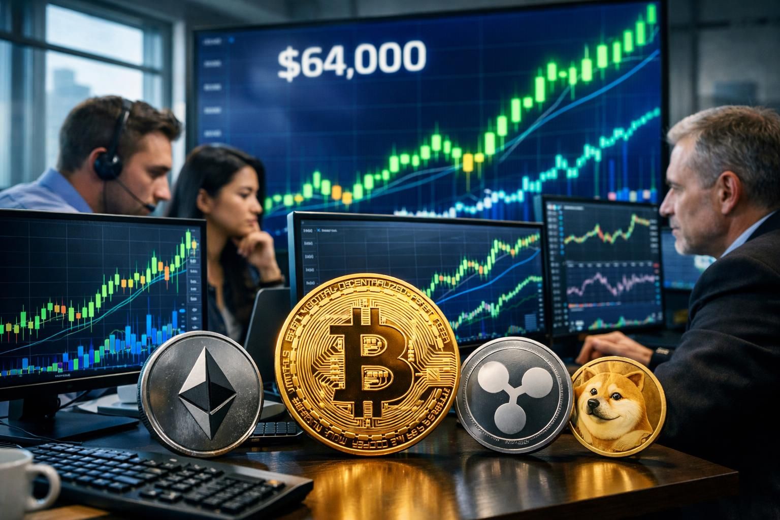 bitcoin mencapai rekor baru di $64.000, sementara ethereum, xrp, dan dogecoin menunjukkan pergerakan stabil sekitar 1 persen dalam perdagangan terbaru.