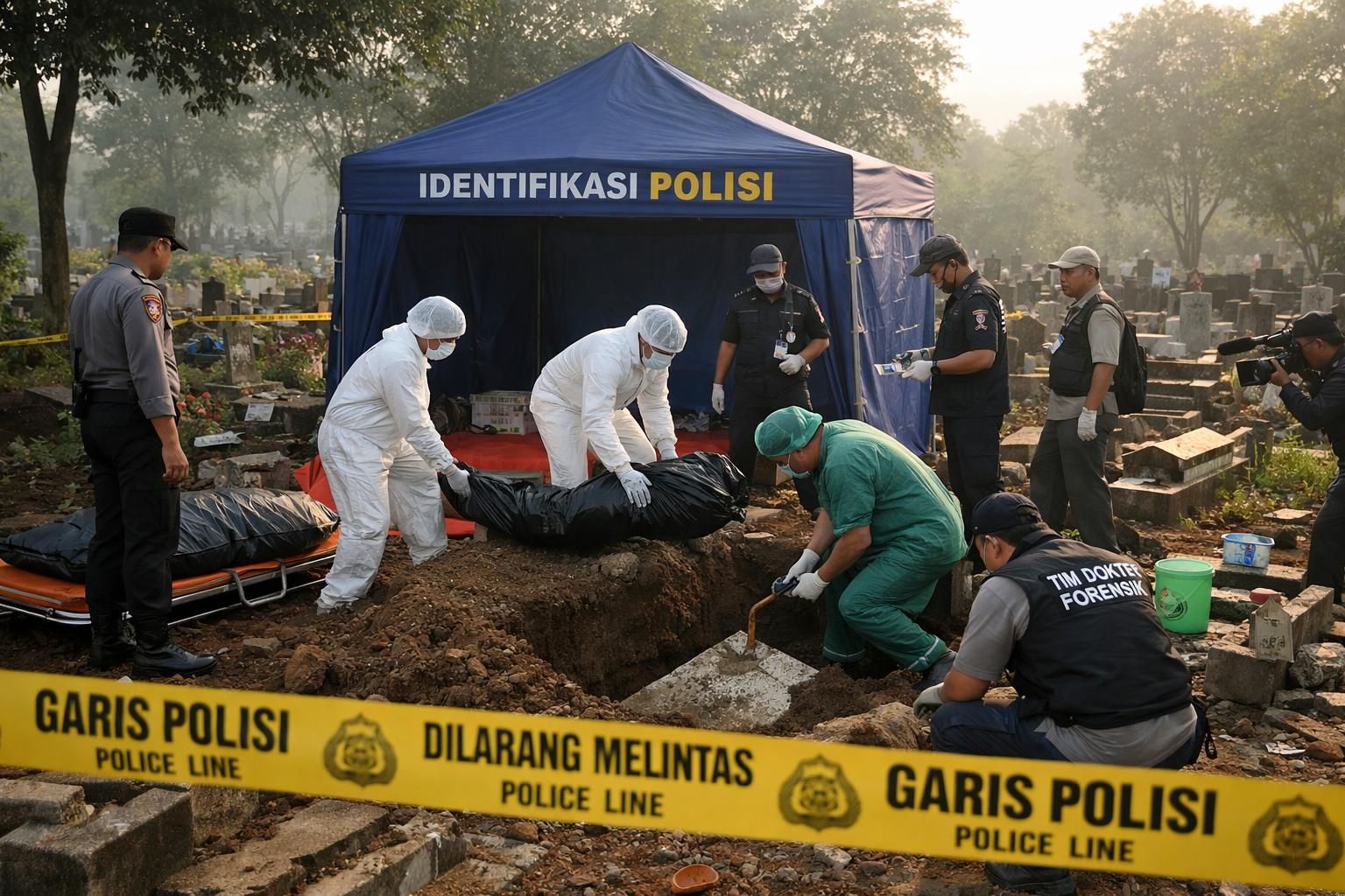 ekshumasi jenazah sutrimo yang dipimpin oleh brigjen hastry dilaksanakan pagi ini dengan prosedur penuh kehati-hatian dan penghormatan.