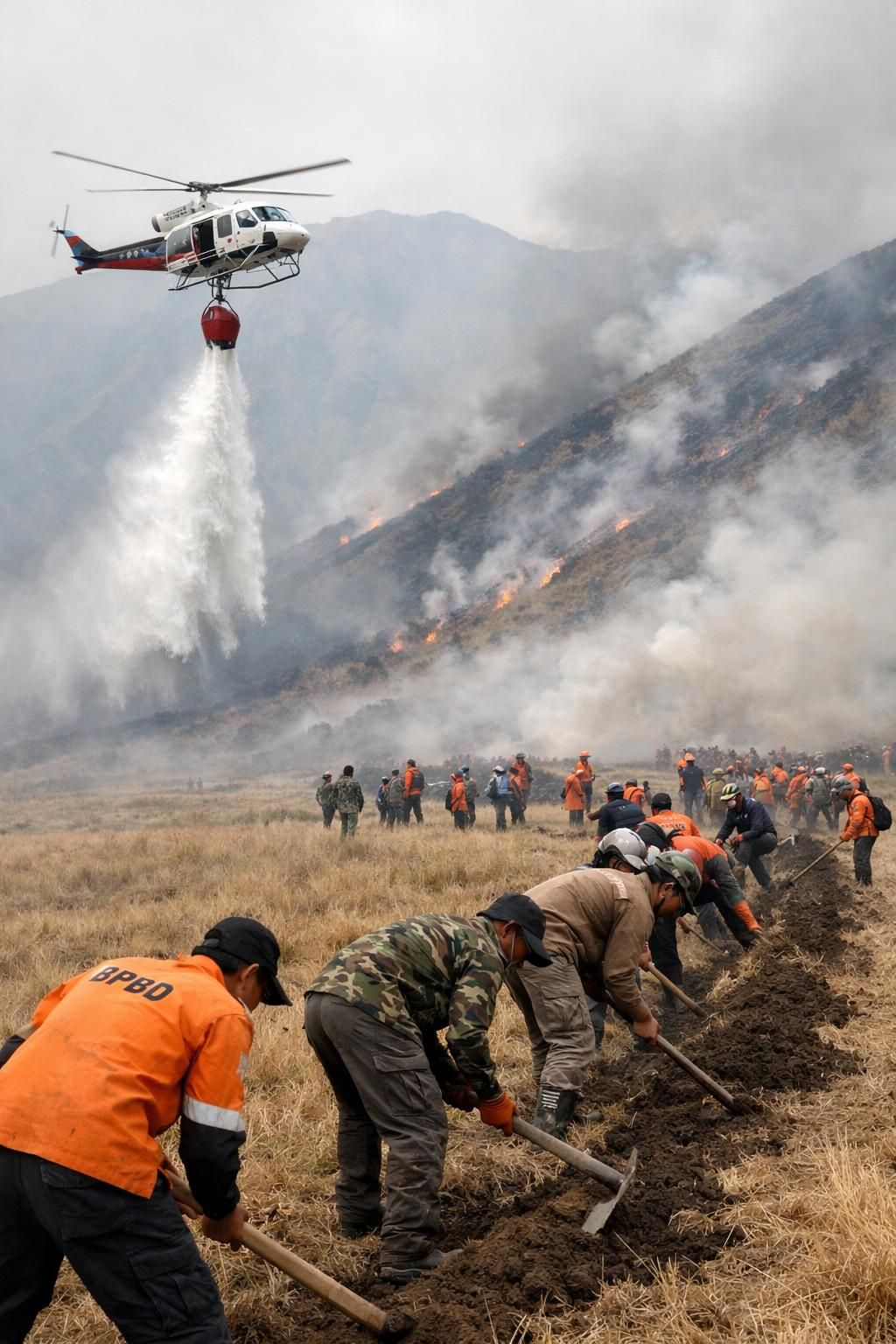 menhut meninjau strategi penanggulangan kebakaran di bromo dengan mengoptimalkan penggunaan water bombing untuk memadamkan api secara efektif dan menjaga kelestarian kawasan.