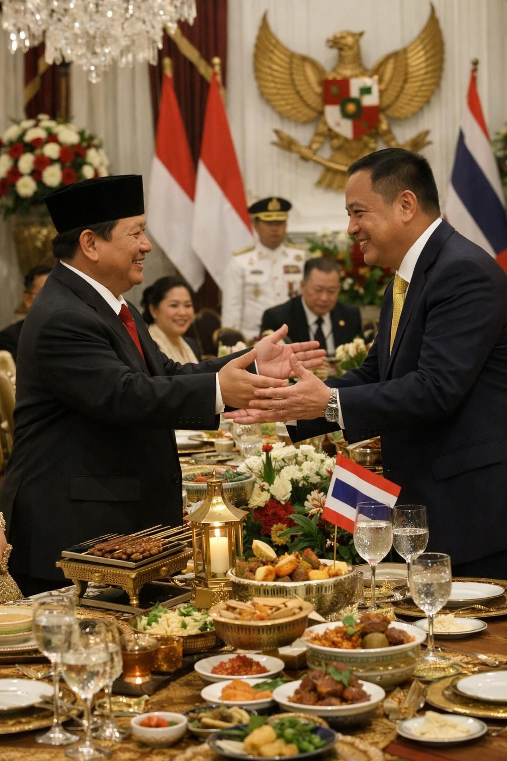 prabowo menggelar jamuan makan malam persahabatan yang hangat, di mana perdana menteri thailand memberikan pujian atas hubungan bilateral yang kuat dan kerja sama yang erat antara kedua negara.