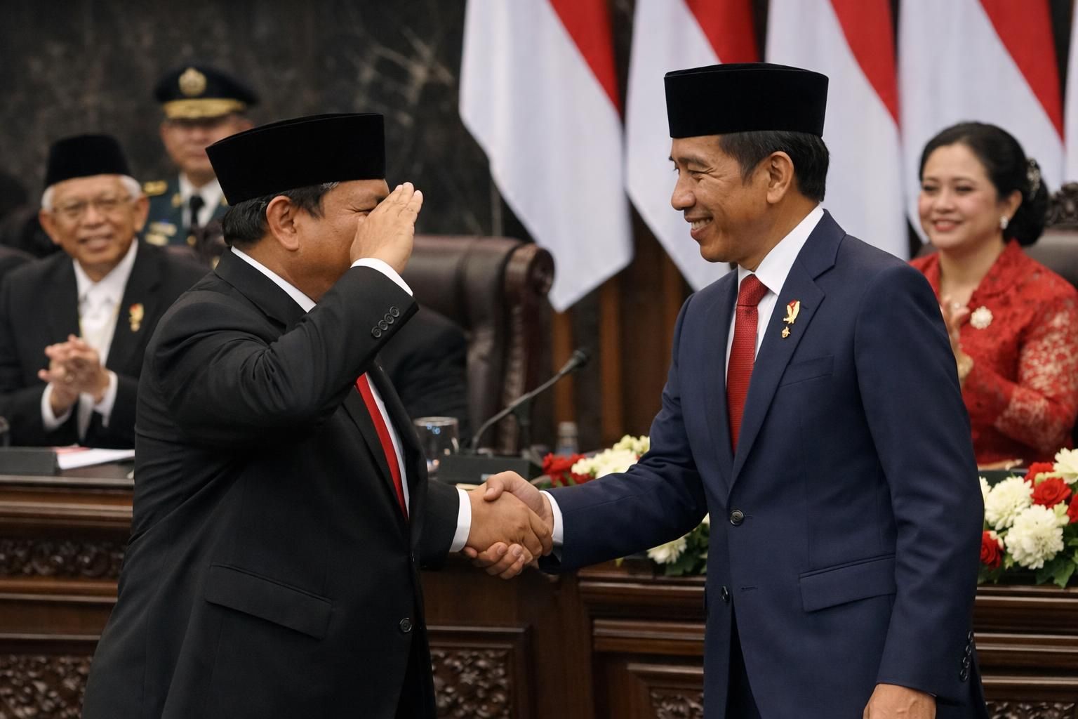 setelah pidato, prabowo memberikan hormat dan bersalaman dengan jokowi sebagai tanda saling menghormati dan mempererat hubungan antara keduanya.