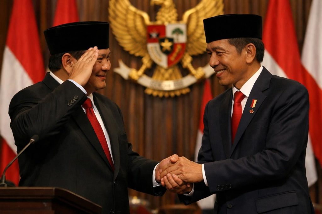 setelah pidato, prabowo menunjukkan rasa hormat dengan berjabat tangan dan bersalaman hangat dengan jokowi, menandai momen persatuan dan kerja sama politik yang penting.
