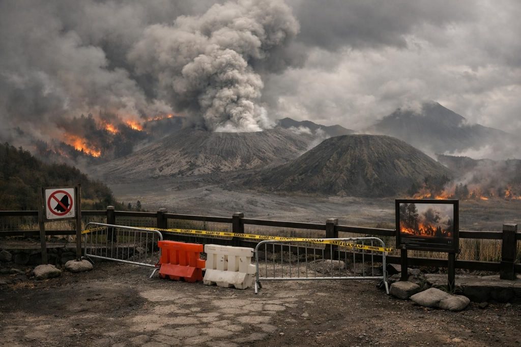 taman nasional bromo ditutup sementara karena kebakaran. pengunjung dapat mengajukan pengembalian tiket selama penutupan berlangsung.
